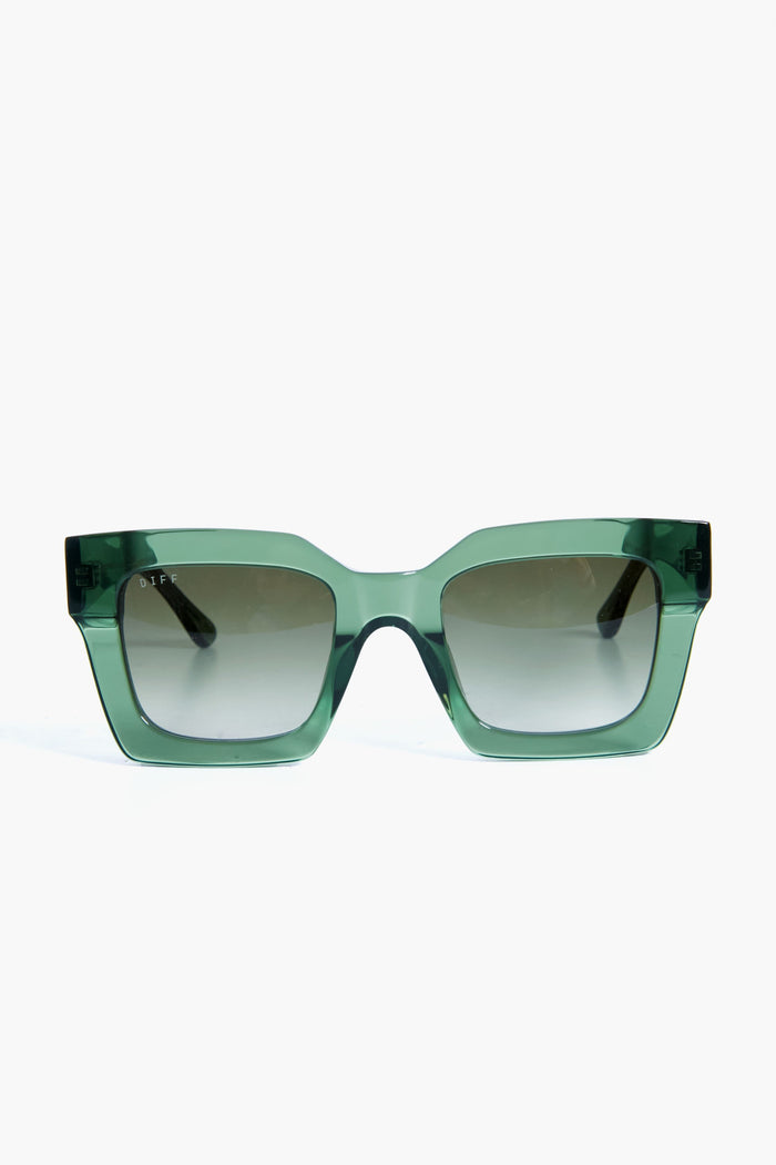 Rectangular green oversized sunglasses with thick frames and dark gradient lenses, shown front-facing. These bold, modern sunglasses are from DIFF Eyewear.