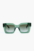 Rectangular green oversized sunglasses with thick frames and dark gradient lenses, shown front-facing. These bold, modern sunglasses are from DIFF Eyewear.
