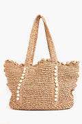 The BTB tote bag showcases a boho-chic style with scalloped edges, two handles, and two vertical rows of decorative white beads on the front.