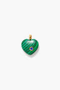 A heart-shaped green malachite pendant with black stripes from Tuckernuck Jewelry, featuring a small blue gemstone in a gold bezel and gold bail—ideal as a charm necklace or September birthday gift.