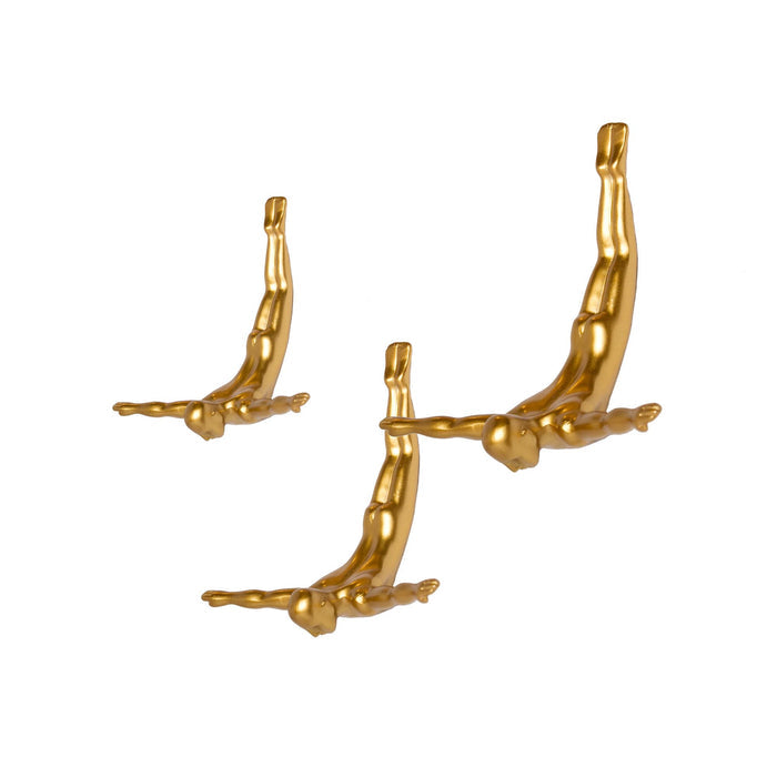 Set of Three Gold Resin Diving Man Hanging Dimensional Sculpture