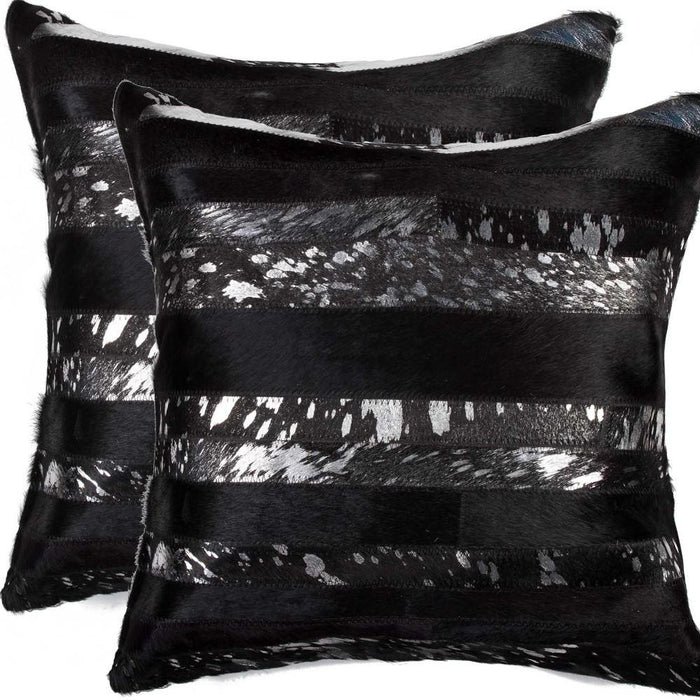 Set of Two 18" Gold and Black Cowhide Throw Pillows