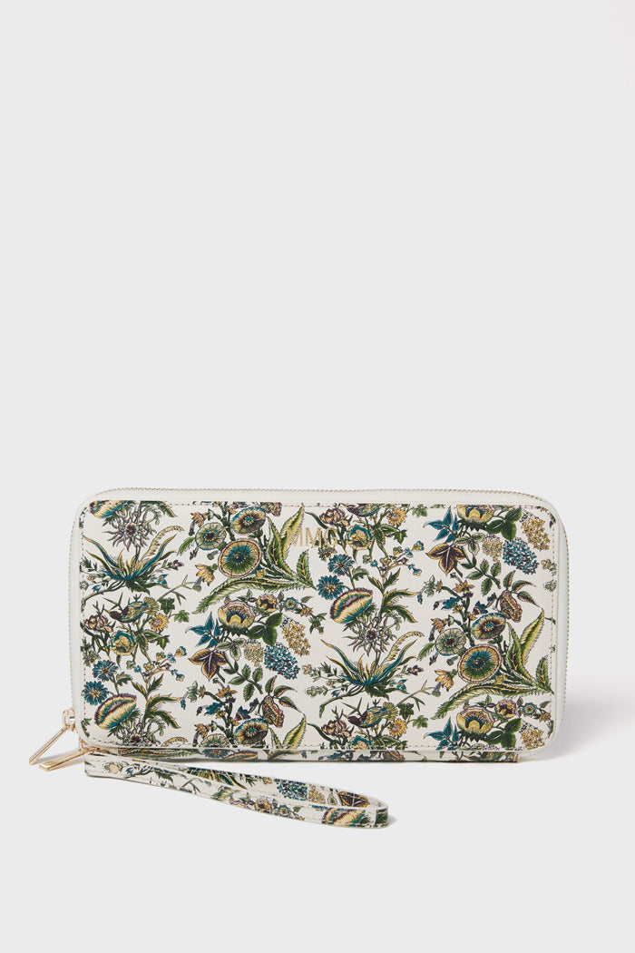 Tuckernuck Accessories rectangular zippered travel wallet with wrist strap, featuring a green, blue, and brown floral pattern—perfect as a personalized travel accessory.