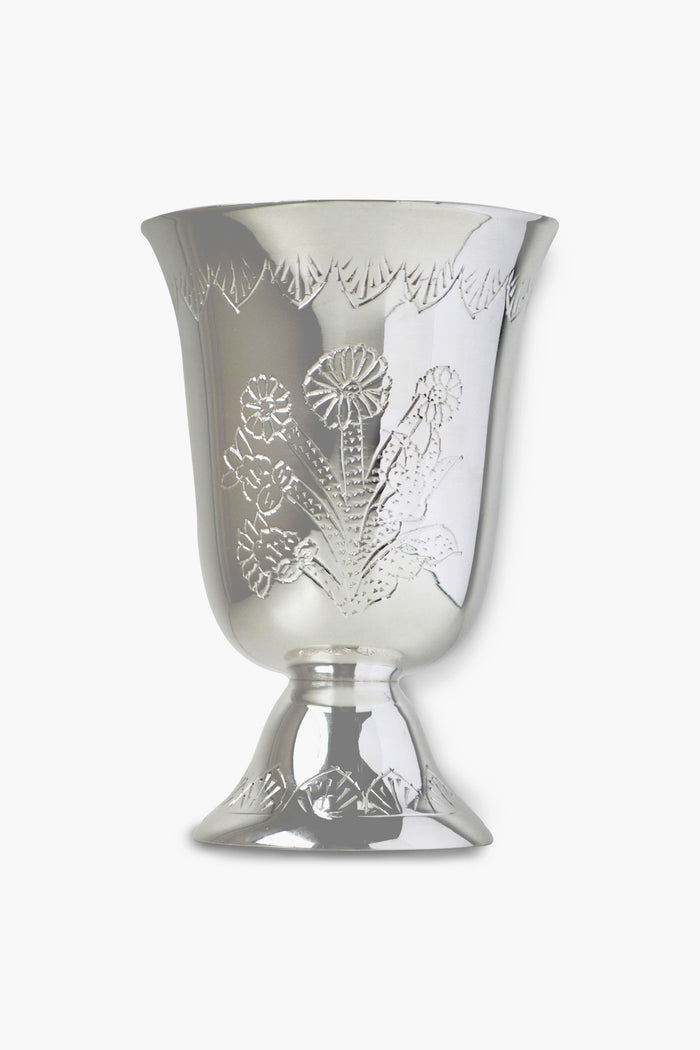 A Chefanie silver-plated brass goblet featuring a floral design, ideal for vintage tableware collections.