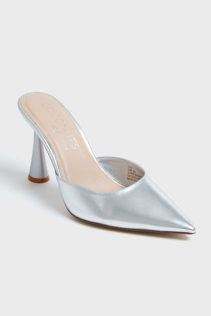A single Matisse Silver Zola Heel mule is displayed, featuring a metallic finish, pointed toe, mid-height flared heel, and tan insole.