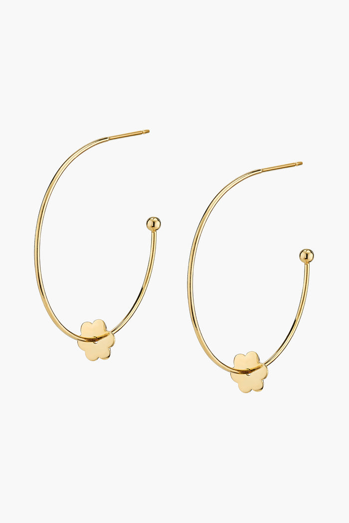 ASHA gold flower earrings feature a small flower-shaped charm and ball tip on each open end, perfect for adding a charming touch to any outfit.