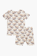 The Pink Chicken Smores Kids Bamboo PJ Set features an all-over s'mores print on a white shirt and shorts, displayed flat on a white surface.