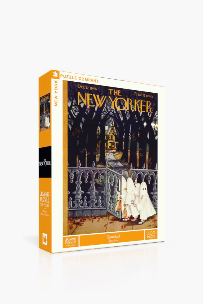 The New York Puzzle Company’s 500-piece jigsaw puzzle features a 1945 New Yorker cover of kids in ghost costumes approaching a spooky house on Halloween night.