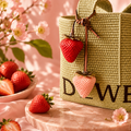 Red and Blush Strawberry Bag Charms side by side hanging from a woven tote bag