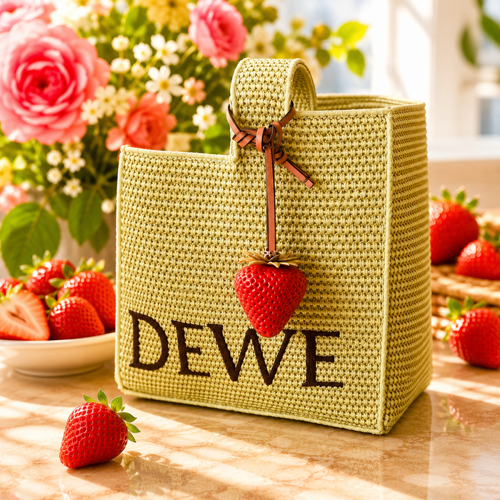 Red Strawberry Bag Charm hanging from a woven tote bag surrounded by fresh strawberries and pink roses