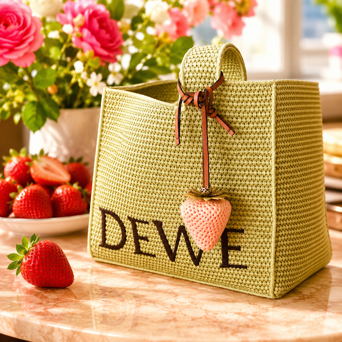 Blush Strawberry Bag Charm hanging from a woven tote bag with strawberries and floral backdrop