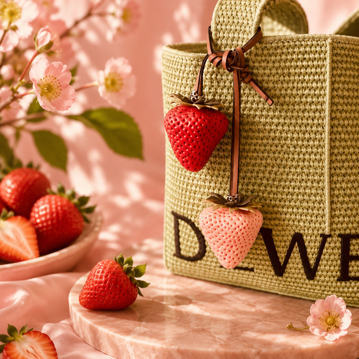 Red and Blush Strawberry Bag Charms side by side hanging from a woven tote bag