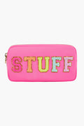 A small pink rectangular pouch by Stoney Clover Lane, featuring a zipper and large colorful textured "STUFF" letters—ideal for travel accessories or as a makeup case.