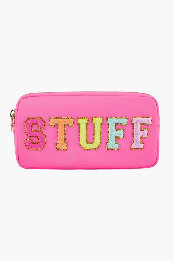A small pink rectangular pouch by Stoney Clover Lane, featuring a zipper and large colorful textured "STUFF" letters—ideal for travel accessories or as a makeup case.