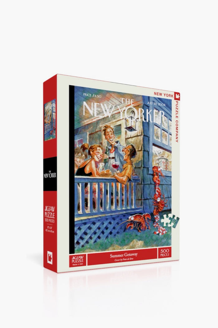 A 500-piece New York Puzzle Company jigsaw puzzle featuring Peter de Seve’s New Yorker cover illustration of people and a dog on a porch during a summer getaway.