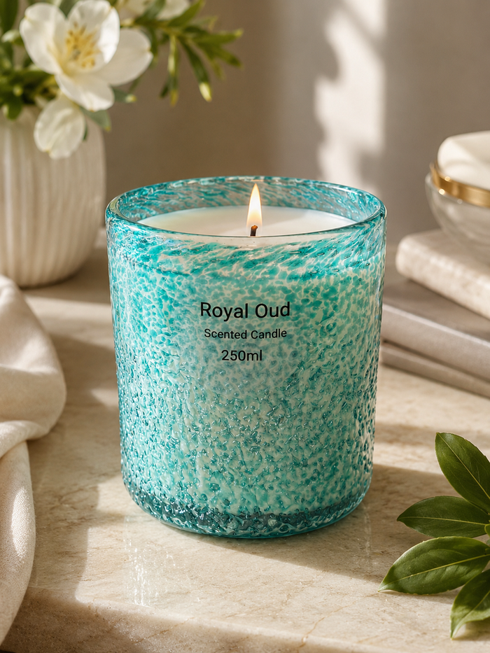 Scented candle labeled 'Royal Oud' in a textured turquoise glass on a light surface with flowers and towels in the background.