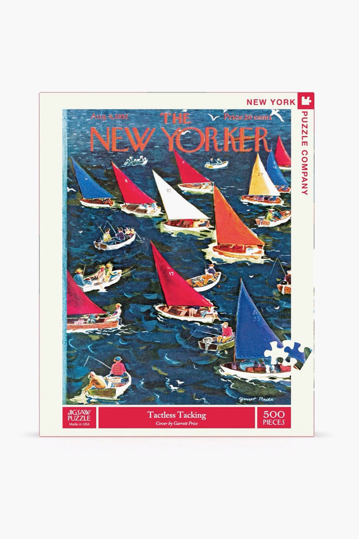 A 500-piece puzzle by New York Puzzle Company, featuring a New Yorker cover by Garrett Price with colorful sailboats sailing on dark blue water.