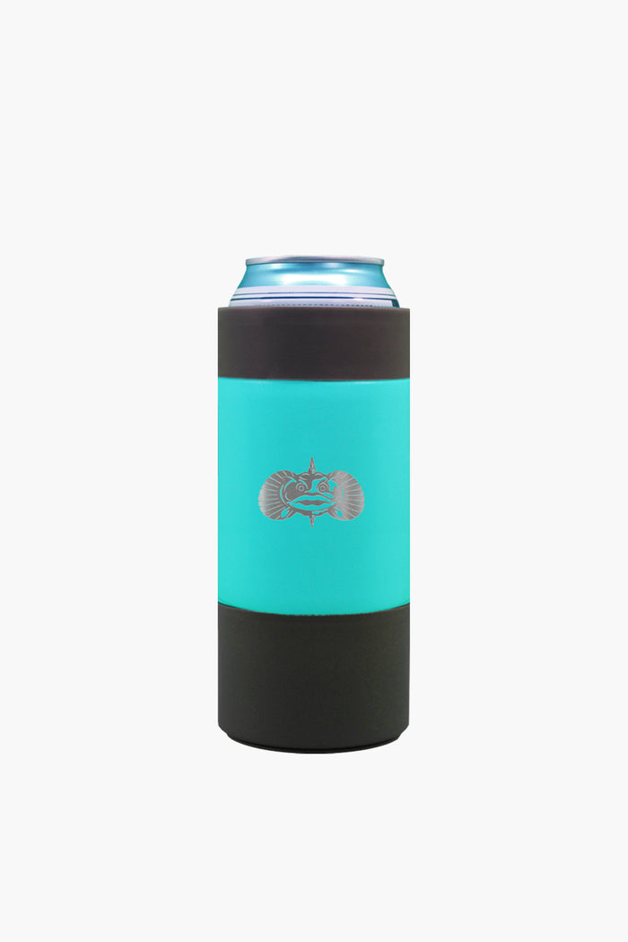 A blue beverage can rests in a teal and black Toadfish insulated non-tipping can cooler with SmartGrip technology and a front logo, highlighting eco-friendly coastal products.
