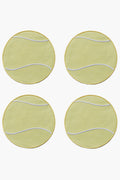 Four round yellow coasters with white curved lines, arranged in a square grid—resembling Tennis Ball Cocktail Napkins by Chefanie, perfect as a racket sport gift.