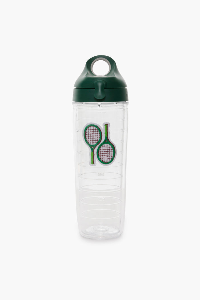 This BPA-free clear plastic water bottle from Tervis Tumbler x Tuckernuck features a dark green lid and two crossed tennis rackets on the front—perfect for sports enthusiasts.