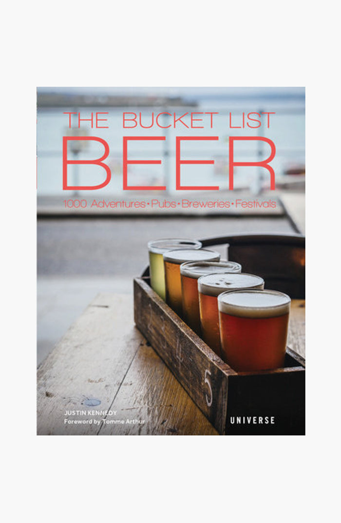 The Rizzoli book cover titled The Bucket List Beer features a wooden tray with five glasses of beer on a table—an ideal gift for beer lovers or as distinctive home decor.