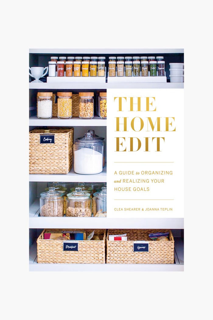 A neatly organized pantry with labeled jars, baskets, and containers; cover of Rizzoli's The Home Edit by Clea Shearer and Joanna Teplin, featuring a home organizing system.