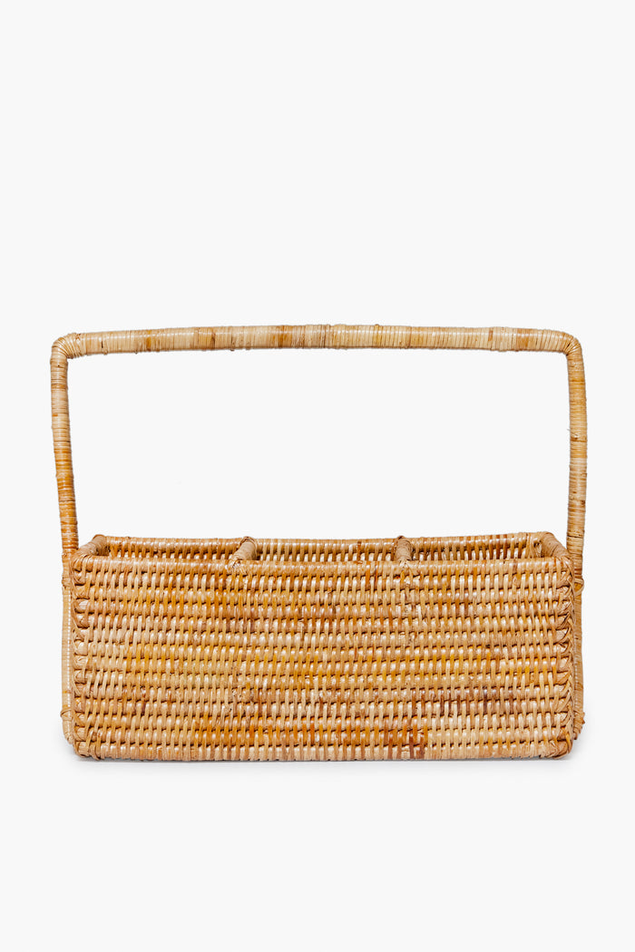 Artifacts Trading Company rectangular hand woven wicker basket with sturdy handle, ideal as a rattan cutlery caddy for sustainable home decor.