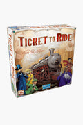 The image shows the box for Ticket to Ride by Days of Wonder, a popular railway board game designed by Alan R. Moon, with a steam train and people in vintage clothing featured on the cover.