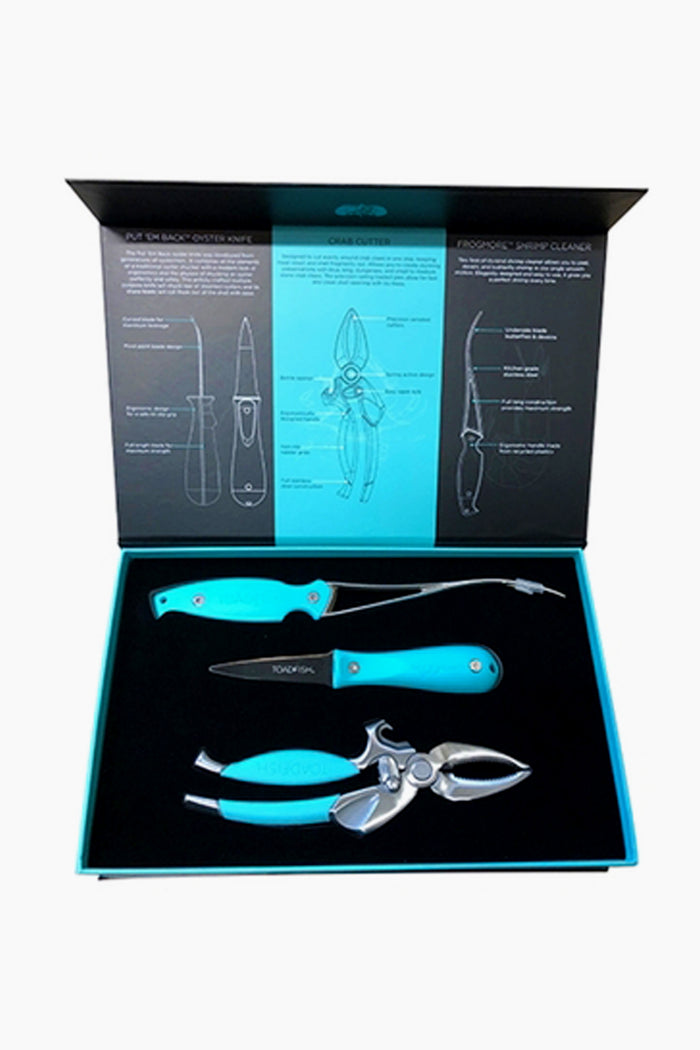 The Toadfish box includes eco-friendly seafood tools, such as scissors and shears—ideal additions to any coastal kitchen collection.