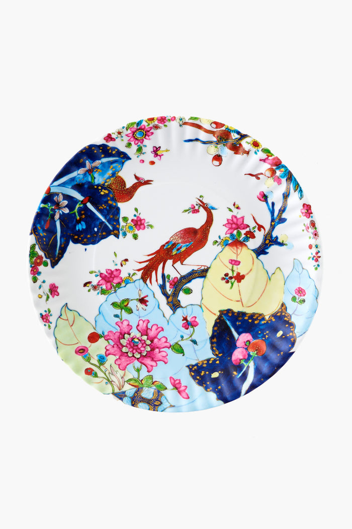 This round ceramic plate from One Hundred 80 Degrees features peacocks, blue leaves, and pink flowers. Dishwasher safe, it’s a delightful tableware piece and makes a charming housewarming gift.