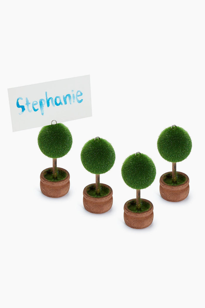 Four faux mini topiaries by Chefanie in small brown pots, one featuring a card labeled Stephanie in blue marker—ideal as place card holders or charming table decor.
