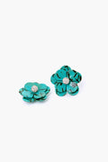 A pair of Lele Sadoughi Turquoise Poppy Button Earrings featuring blue flower-shaped, hand-swirled acetate petals with black veining and a cluster of small clear stones at the center.