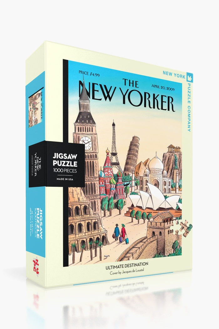 A 1000-piece New York Puzzle Company jigsaw titled “Ultimate Destination,” featuring Jacques de Loustal's illustration of world landmarks and people.