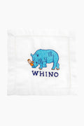 A blue embroidered rhinoceros holding a wine glass stands above “WHINO” on a white linen cocktail napkin by August Morgan—an ideal hostess gift.