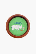 This round, hand-stitched needlepoint by Smathers and Branson features a white rhinoceros beside a glass of red wine with "whino" above, making it a unique wine gift or wine bottle coaster in a wooden frame.