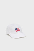 Smathers and Branson white baseball cap with an embroidered American flag on the front, ideal as a patriotic or performance hat.