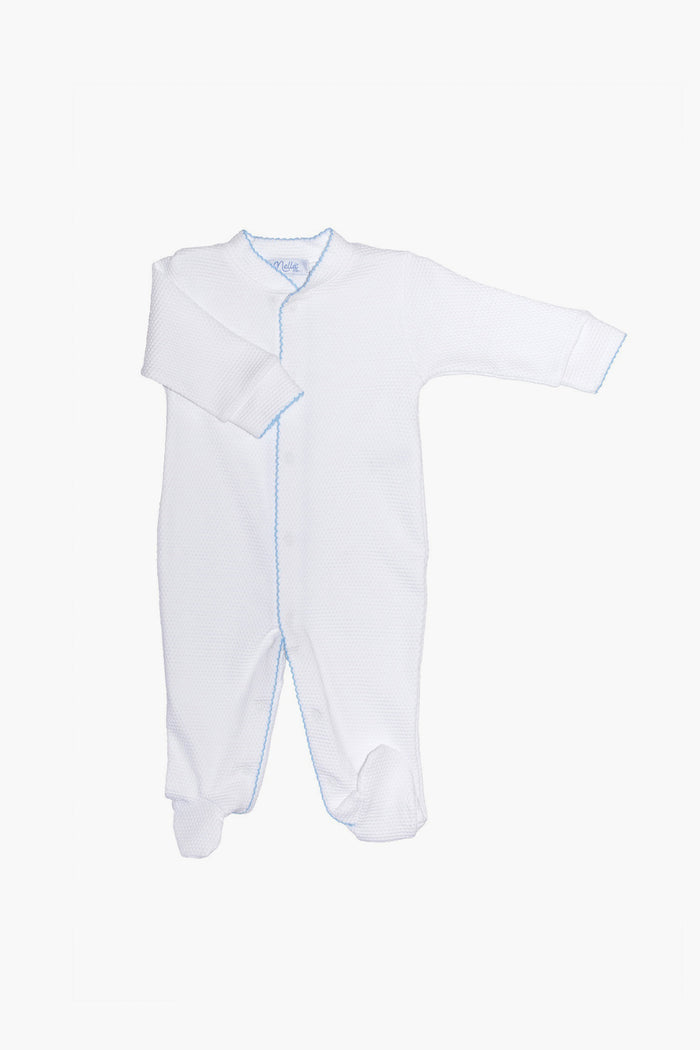 Nella Pima white baby onesie with long sleeves, footed legs, and light blue trim crafted from soft Peruvian Pima cotton—perfect luxury sleepwear for your little one.