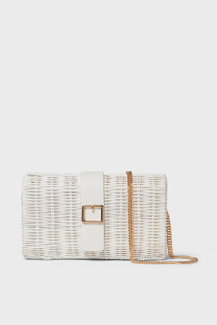 Urban Expressions rectangular white straw clutch with gold chain strap, white leather buckle detail, and gold front buckle—an elegant animal-friendly handbag for any occasion.