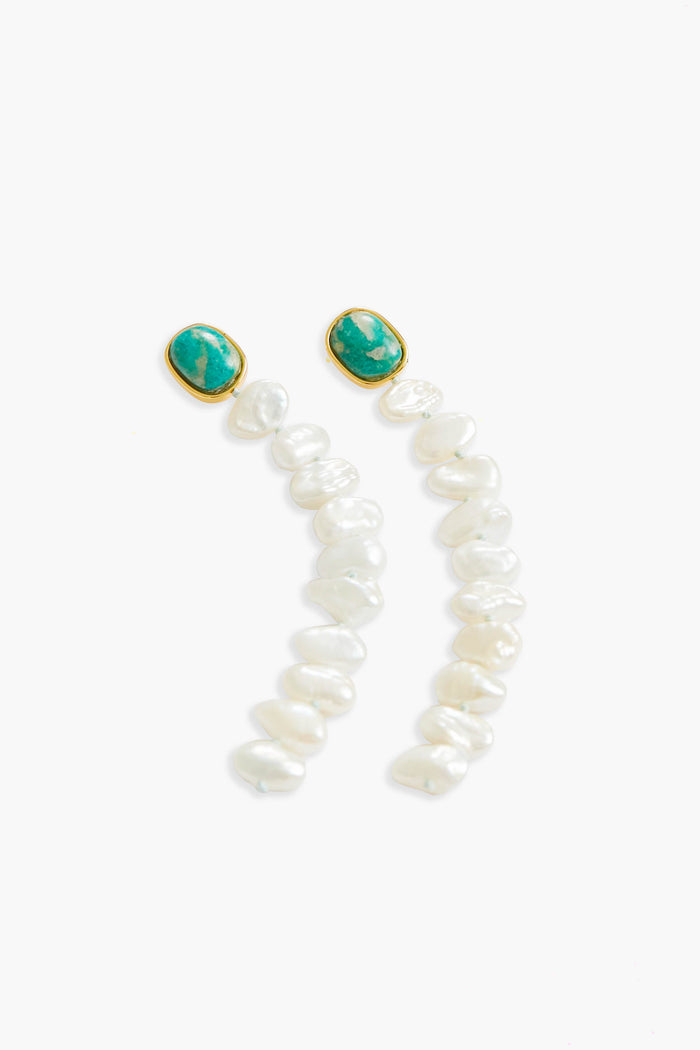 A pair of Lizzie Fortunato White Paloma Earrings with green stone studs set in gold-plated brass and curved dangling rows of irregular freshwater pearls.