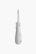 The Toadfish commercial oyster knife features a white handle and a pointed stainless steel blade, making it ideal for professional shucking.