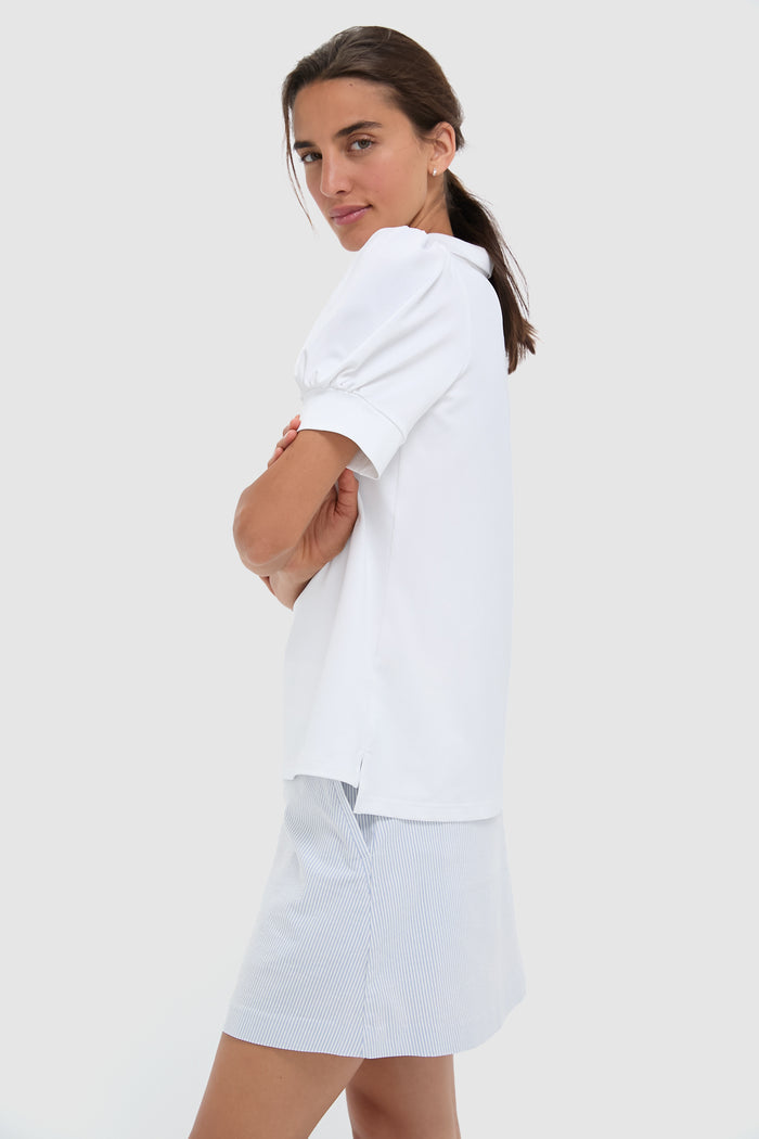 White Puff Sleeve Performance Jersey Caroline Polo