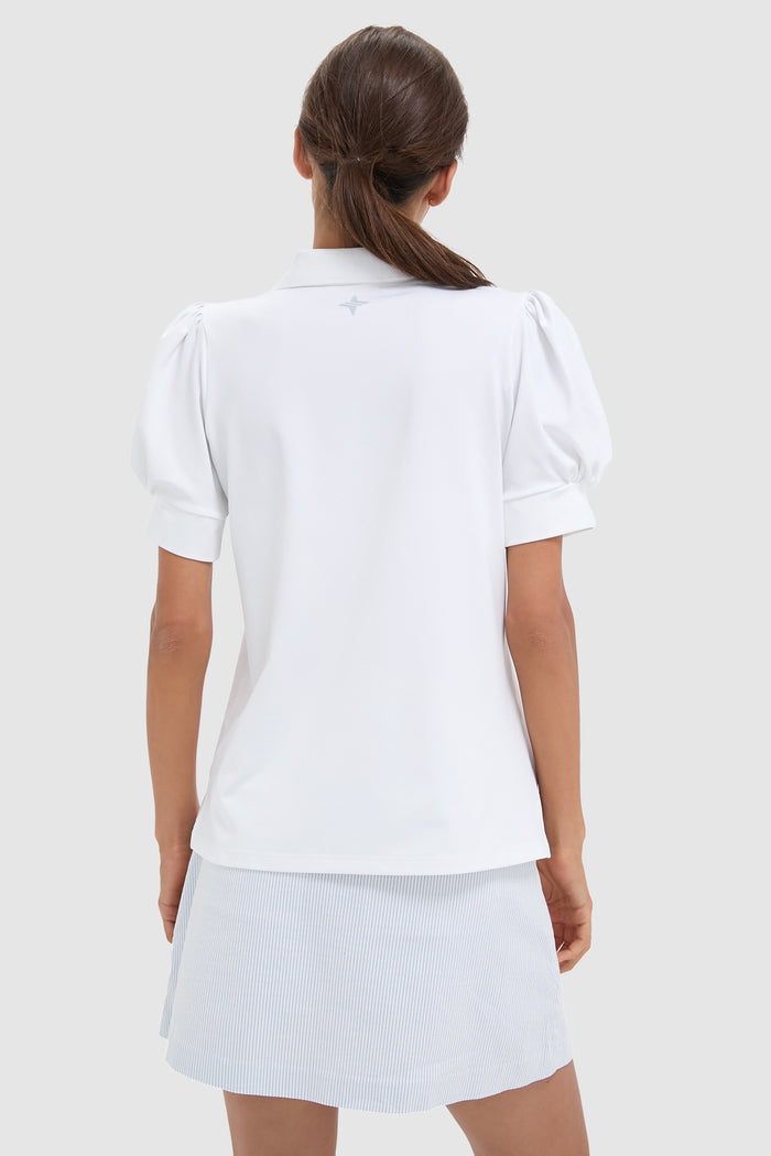 White Puff Sleeve Performance Jersey Caroline Polo