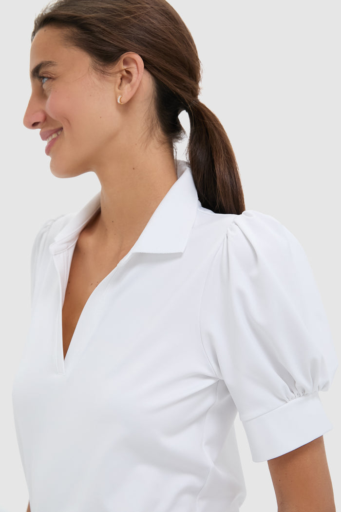 White Puff Sleeve Performance Jersey Caroline Polo