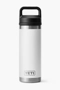 The YETI Rambler Bottle features durable stainless steel, double-wall vacuum insulation, a black screw-on lid with a carrying handle, and comes in white.