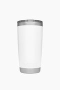 A YETI Rambler tumbler in white stainless steel stands upright, featuring a silver lid and base that showcase its vacuum insulated design.