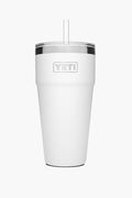 A white YETI Rambler vacuum insulated cup is shown, featuring a clear lid and straw.
