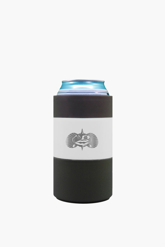 A can wrapped in a black and white Toadfish koozie featuring a stylized fish logo, designed as an eco-friendly coastal product with SmartGrip technology for a secure, non-tipping hold.