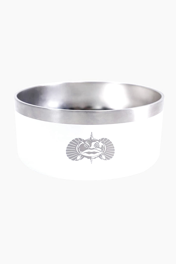 The Toadfish white and stainless steel dog bowl with a stylized fish design is ideal for pet owners looking for a non-tipping bowl.