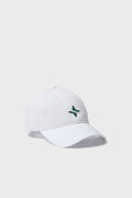 The Harding-Lane white pre-washed cotton hat has a small green embroidered star-like design on the front, combining classic style and comfort.