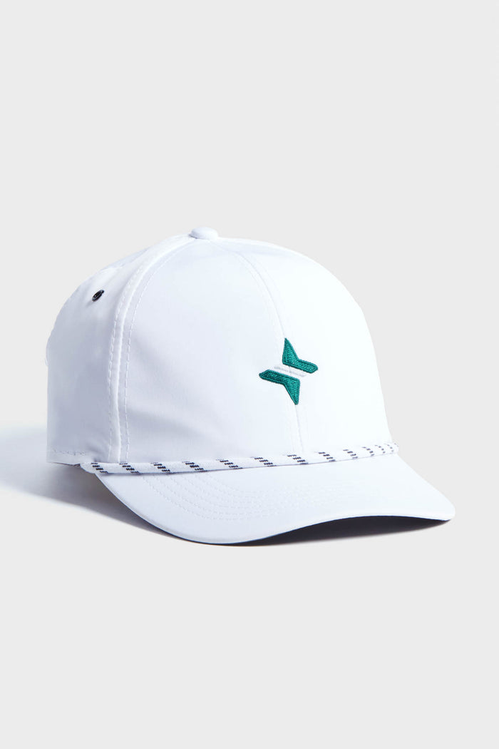A white rope hat by Tnuck Sport x Imperial featuring a green embroidered Tuckernuck emblem on the front, patterned trim on the brim, and an adjustable velcro strap for comfort.